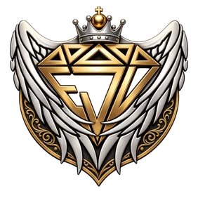 Brasão EJV da Arcane Ink com asas prateadas e coroa dourada