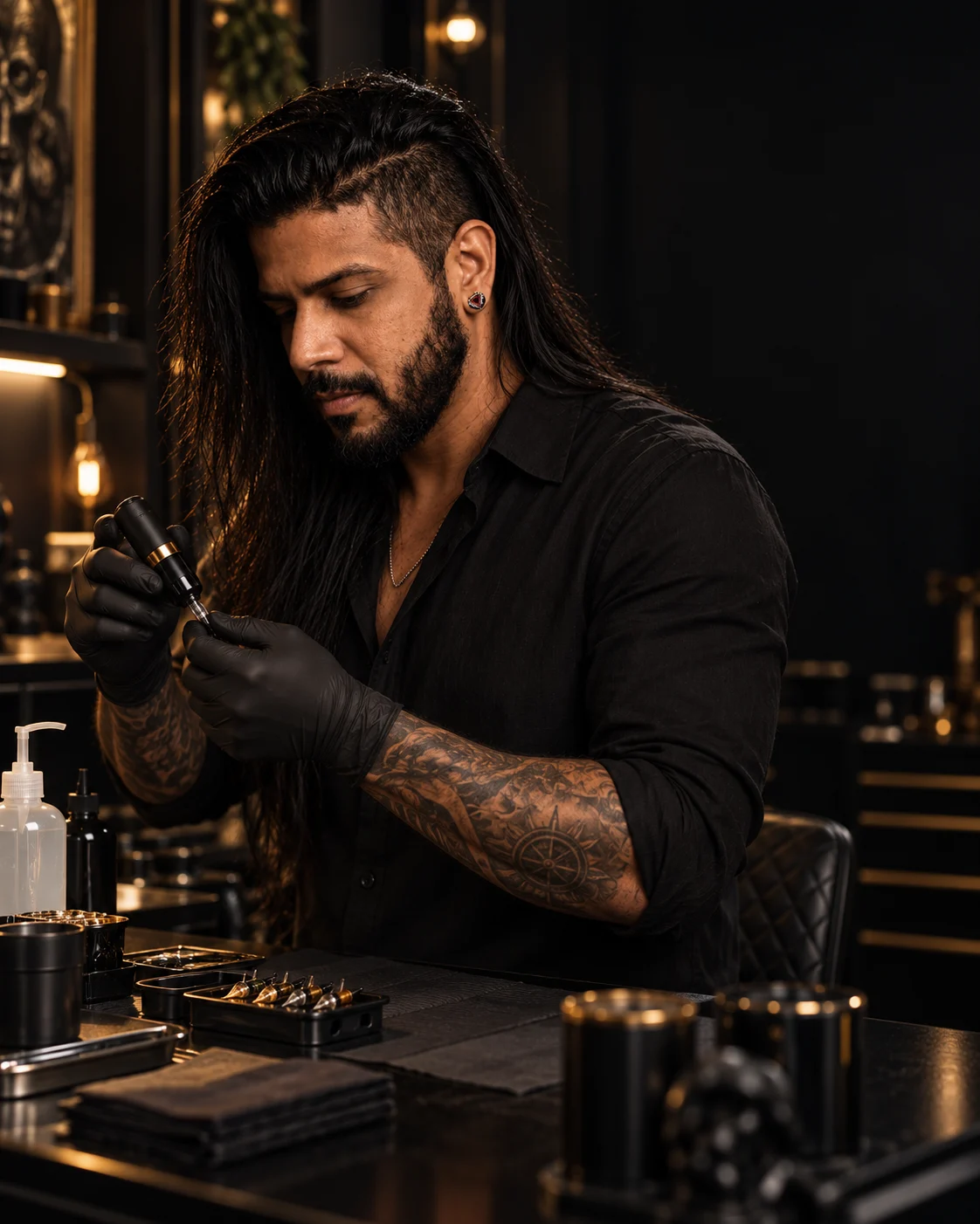 Egle Justino preparando equipamento profissional de tatuagem em seu espaço de trabalho