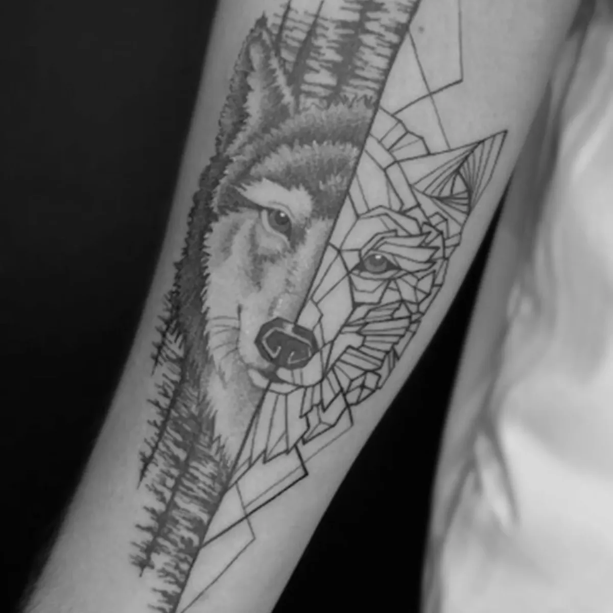 Tatuagem de lobo com realismo, geometria e floresta feita por Egle Justino