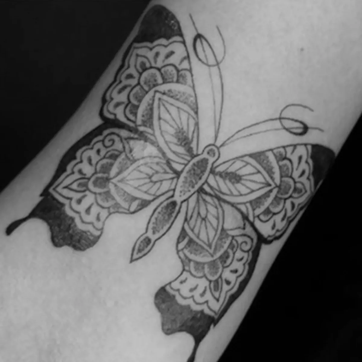 Tatuagem de borboleta em preto e cinza feita por Egle Justino