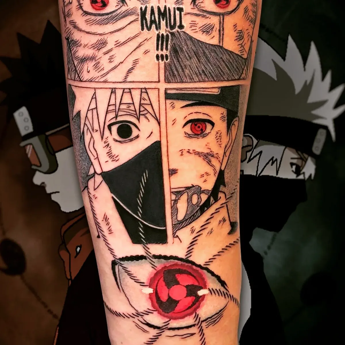 Tatuagem colorida com composição de anime feita por Egle Justino